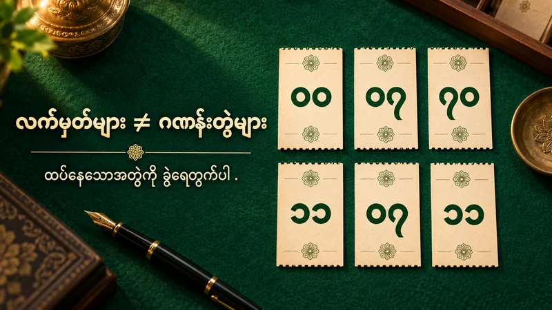 ၀၀၊ ၀၇၊ ၇၀၊ ၁၁၊ ၀၇၊ ၁၁ ဟု ရေးထားသော စိတ်ကူးထီလက်မှတ် ခြောက်စောင်