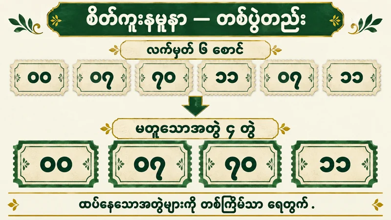 လက်မှတ် ၆ စောင်မှ ထပ်နေသောအတွဲများကို ခွဲလိုက်လျှင် ၀၀၊ ၀၇၊ ၇၀၊ ၁၁ ဟူသော မတူသည့်အတွဲ ၄ တွဲသာ ကျန်ကြောင်း ပြထားသောပုံ